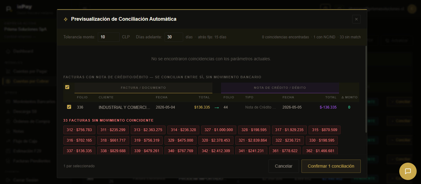 Previsualización de conciliación automática entre facturas y movimientos bancarios